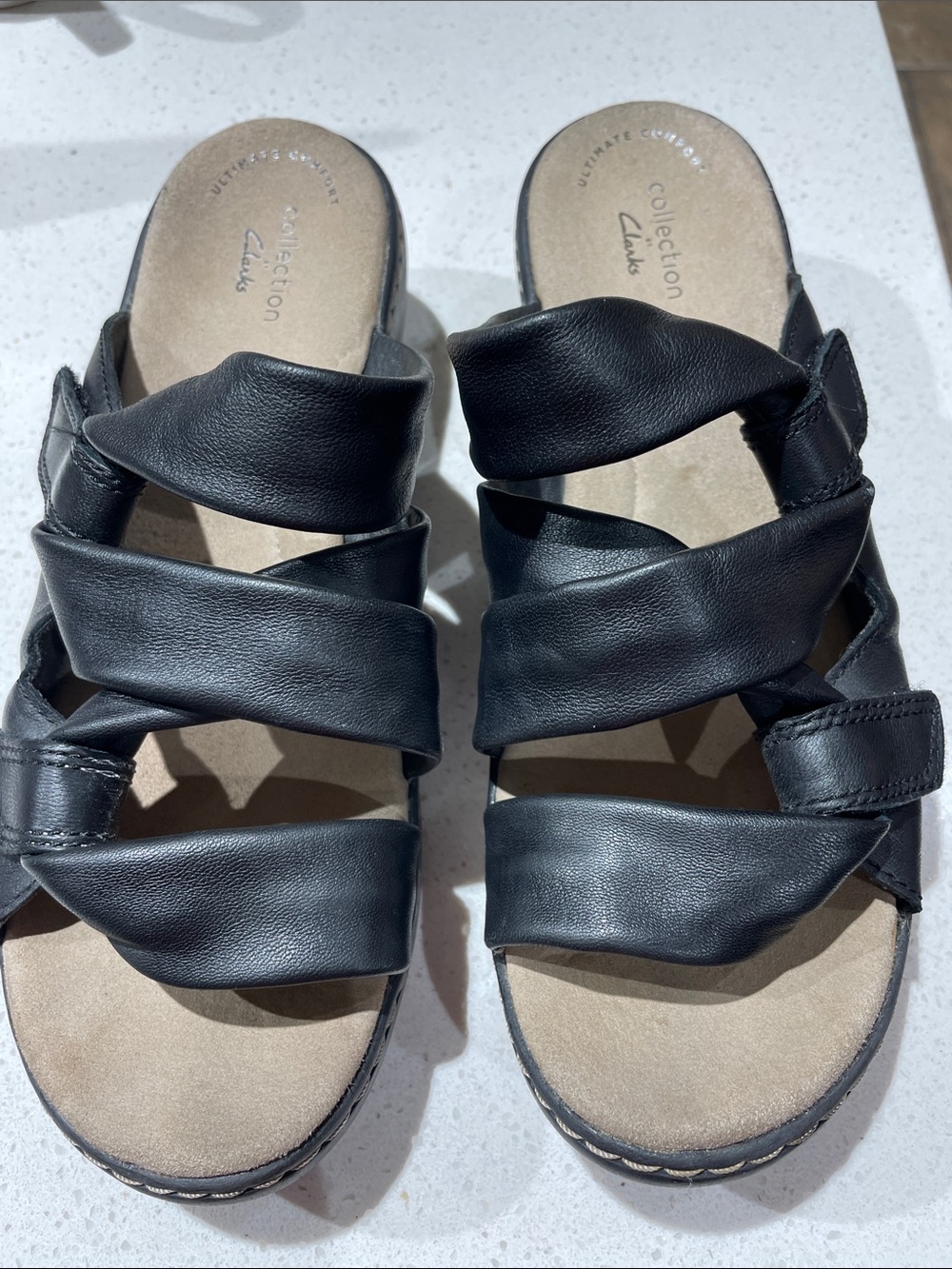 Clarks Black Twisted Leather Slide Sandals